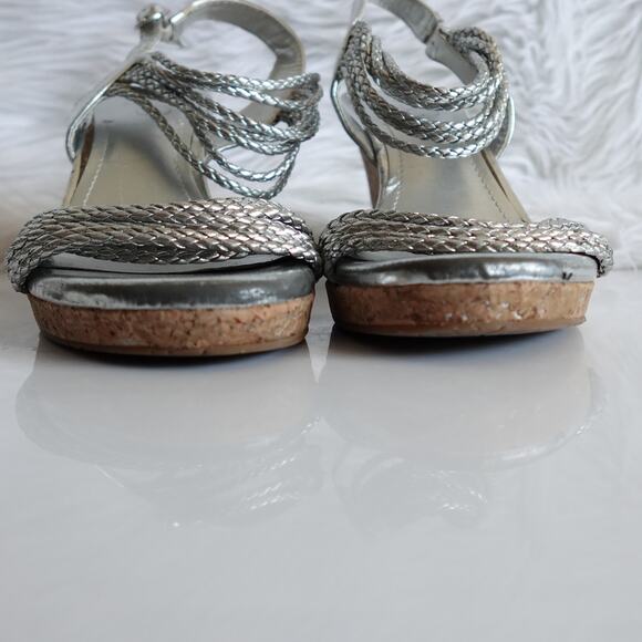 BCBG Paris Metallic Silver Faux Leather Woven Rope Strappy Cork Open Toe Wedges - Picture 5 of 15
